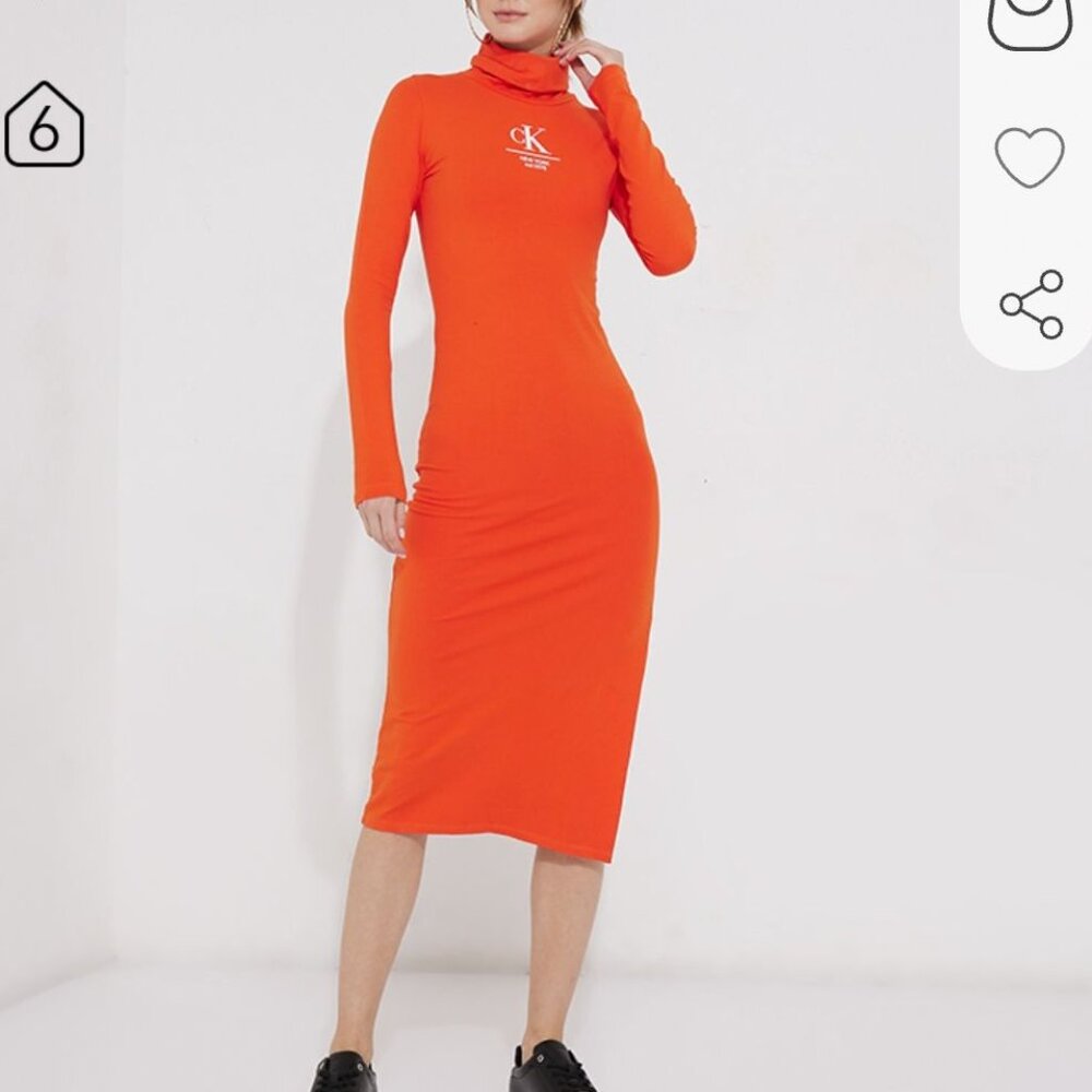 Calvin Klein Orange Logo Label Bodycon Roll Neck Dress, Small